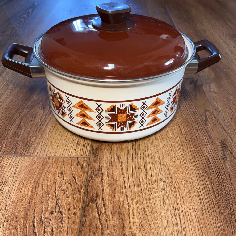 Vintage Enamel Stock Pot Made in Japan Retro 70s Geometric Brown Orange Western